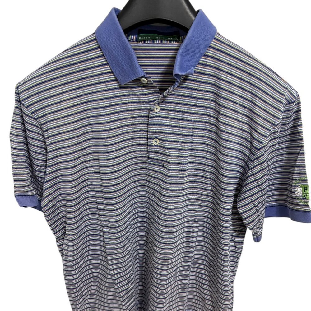 Robert Trent Jones Polo Golf Shirt Mens Size Medium Striped Palmetto Pine Logo M